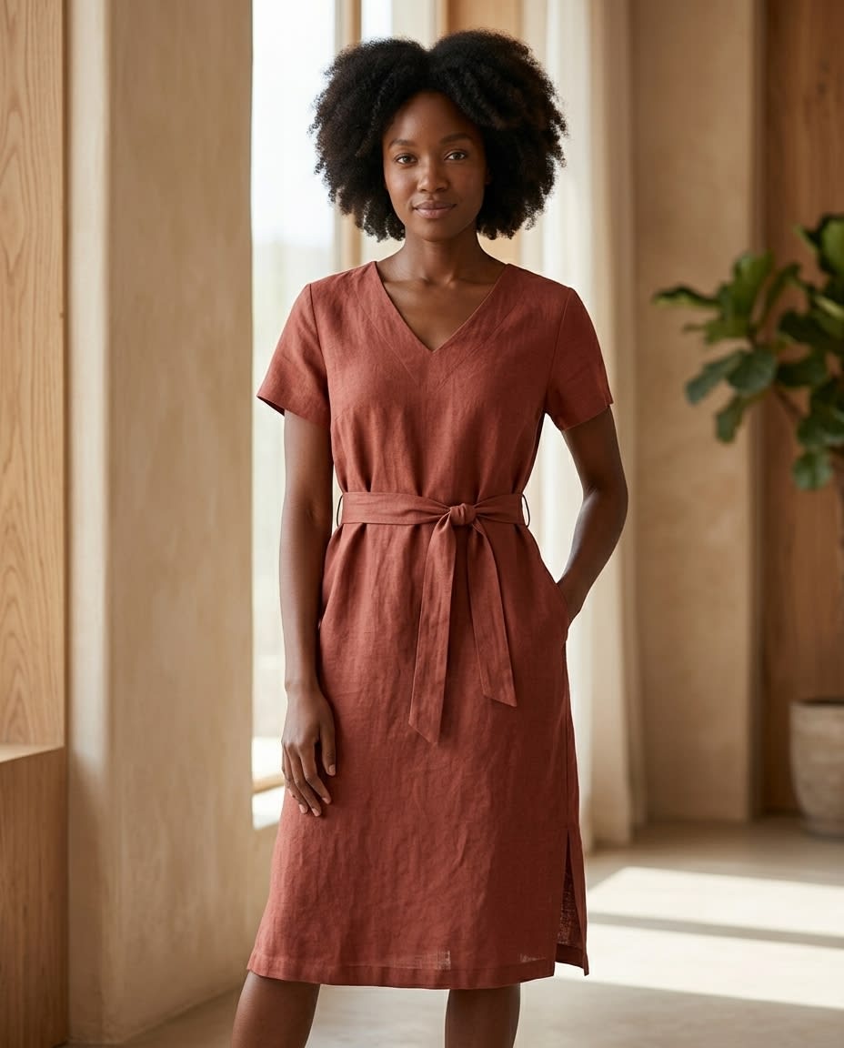 Belted V-Neck Linen Midi Dress