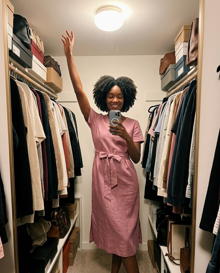 Belted V-Neck Linen Midi Dress