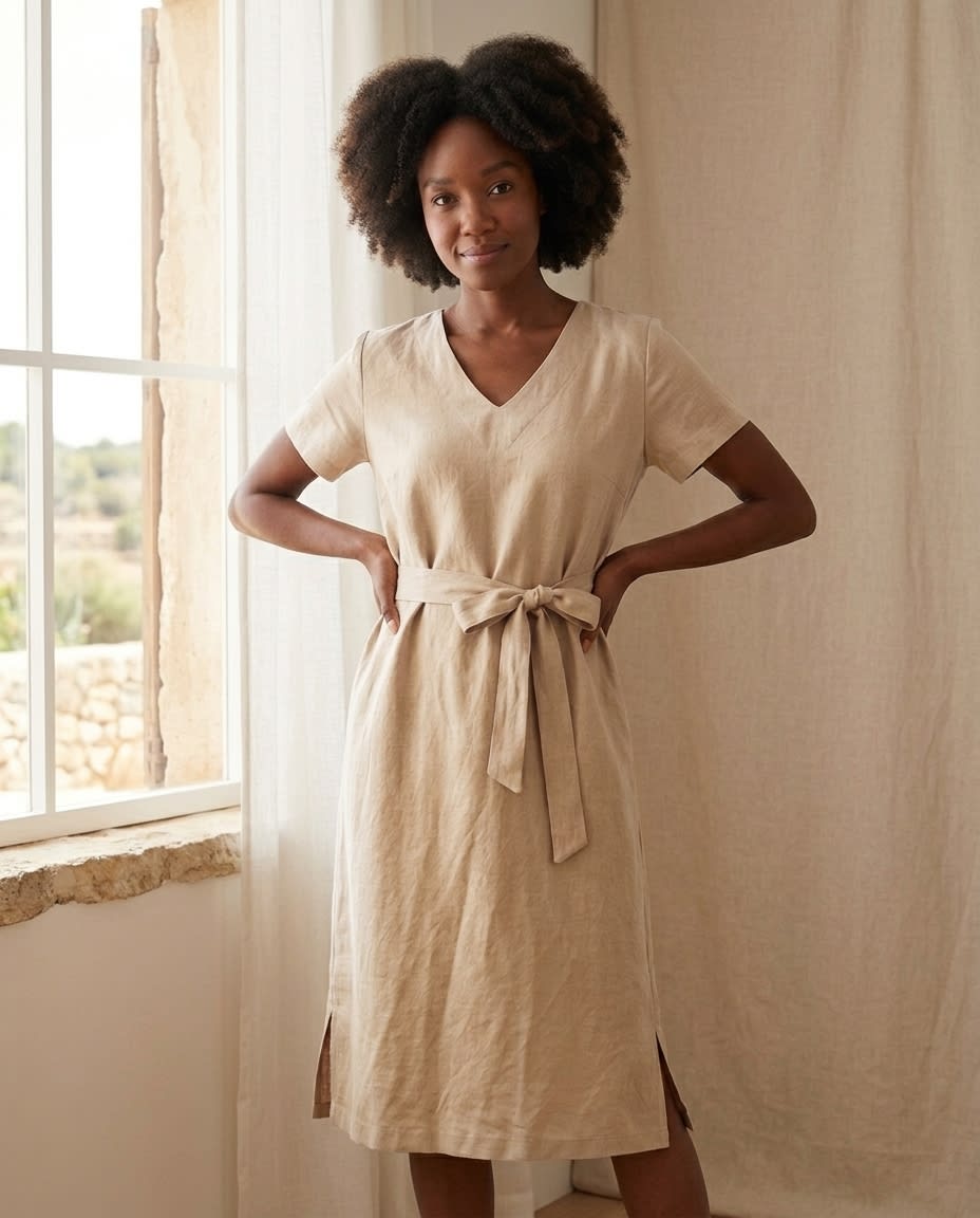 Belted V-Neck Linen Midi Dress