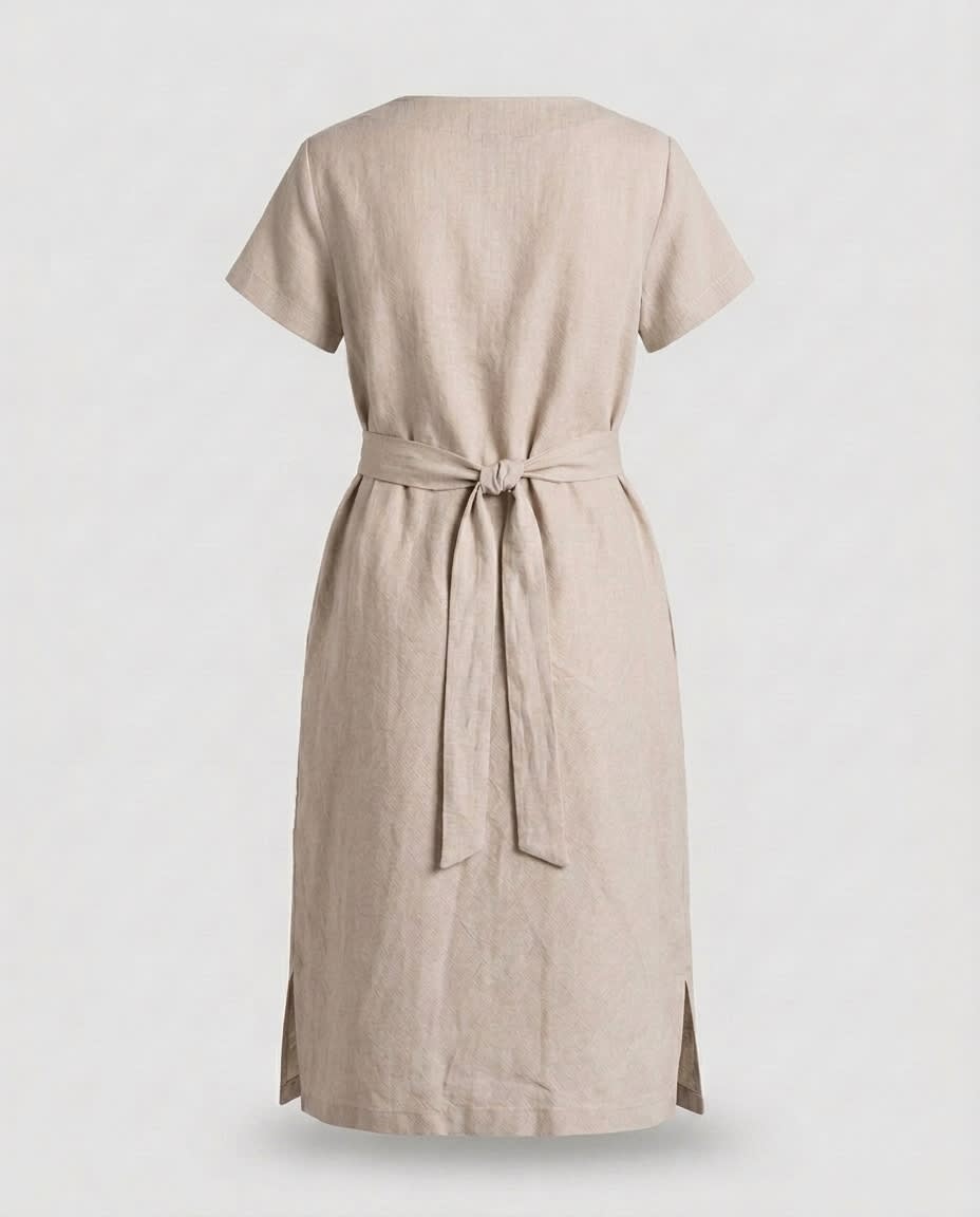 Belted V-Neck Linen Midi Dress