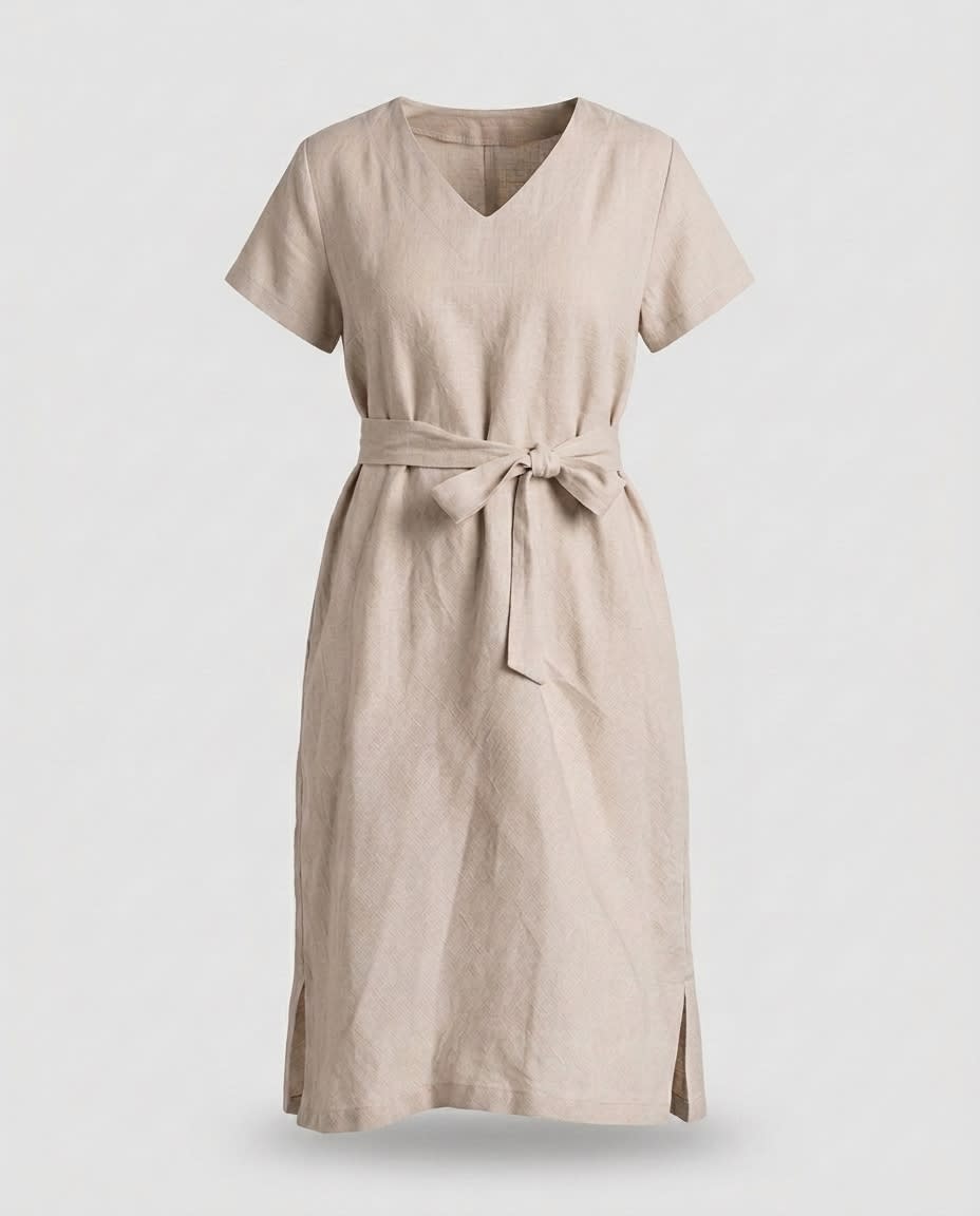Belted V-Neck Linen Midi Dress