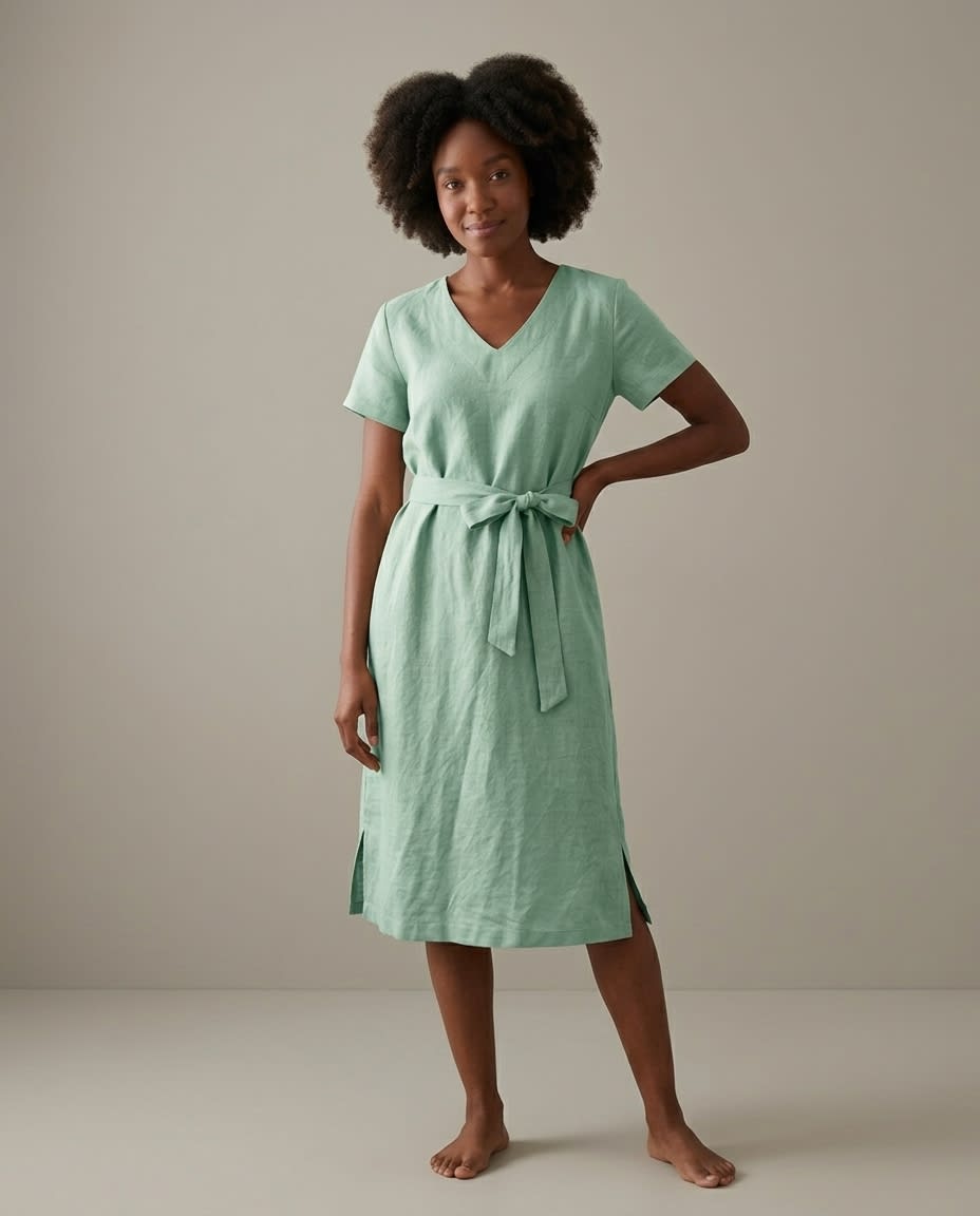 Belted V-Neck Linen Midi Dress