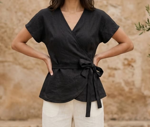 Tie-Waist Linen Wrap Blouse