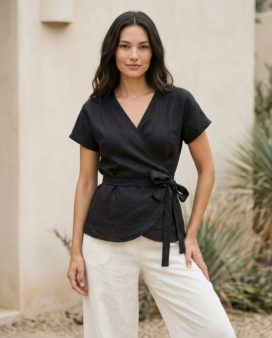Tie-Waist Linen Wrap Blouse