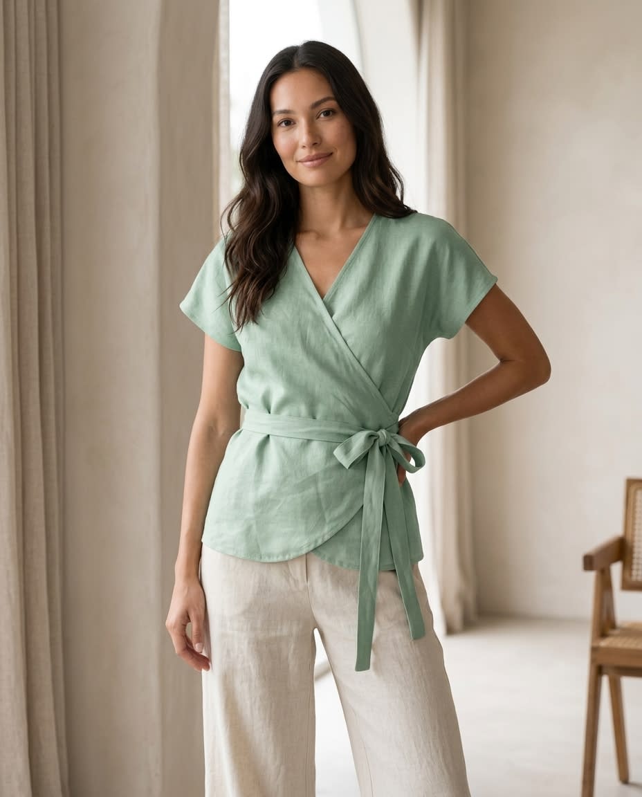 Tie-Waist Linen Wrap Blouse