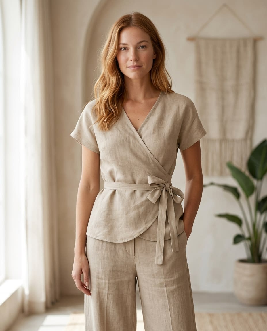 Tie-Waist Linen Wrap Blouse