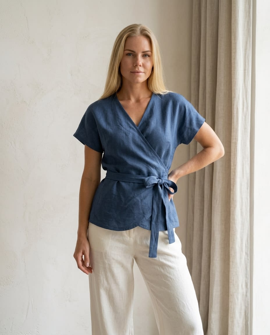 Tie-Waist Linen Wrap Blouse