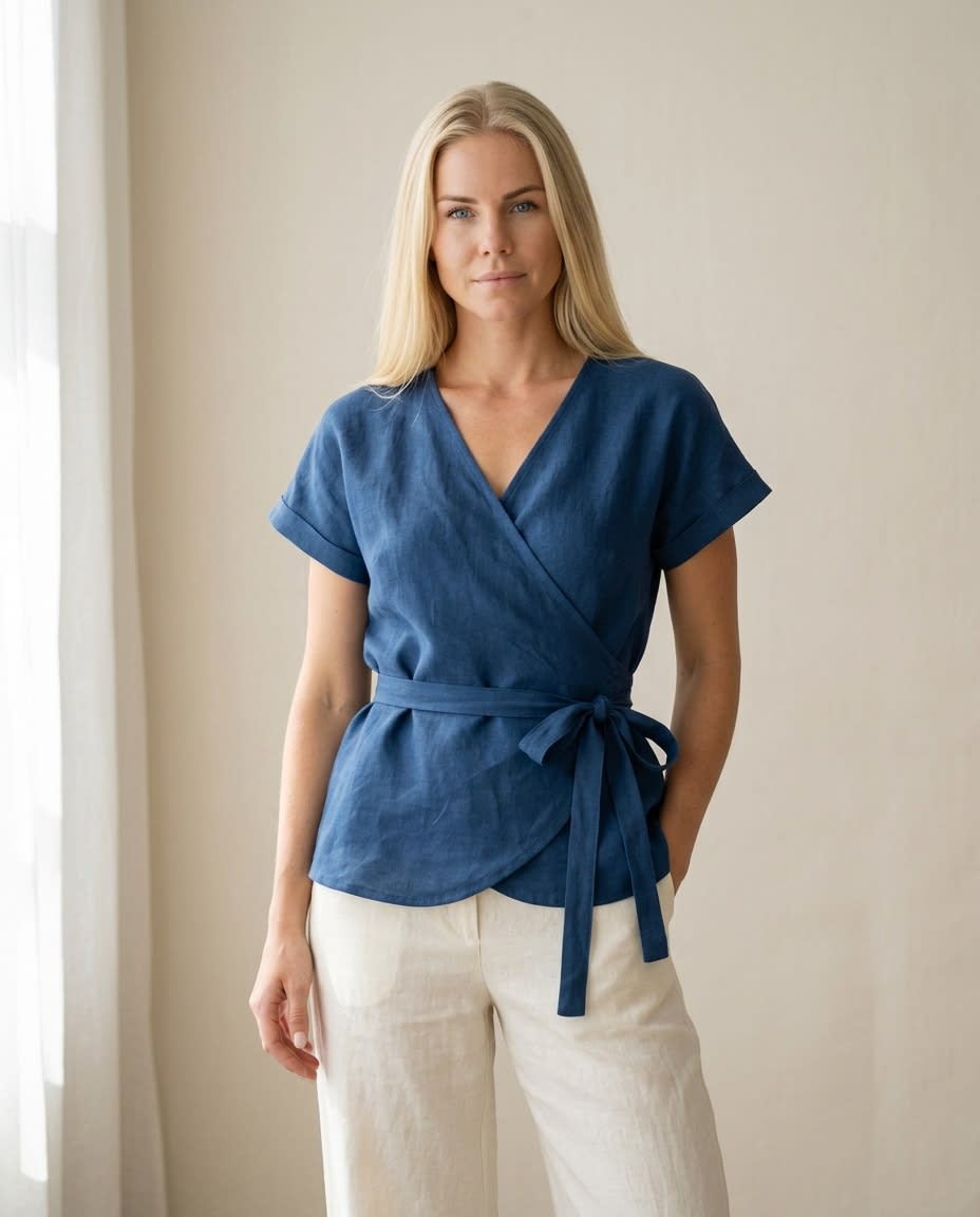 Tie-Waist Linen Wrap Blouse