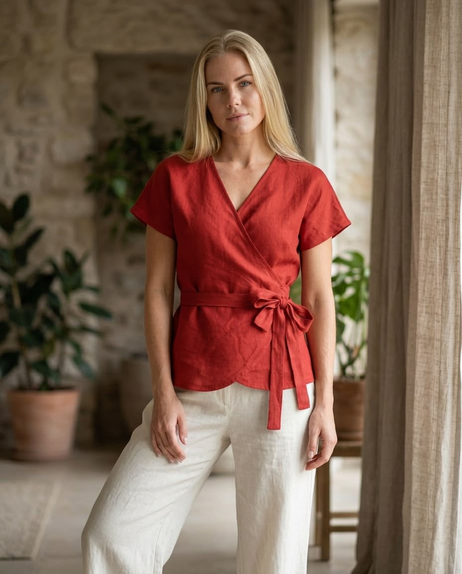 Tie-Waist Linen Wrap Blouse