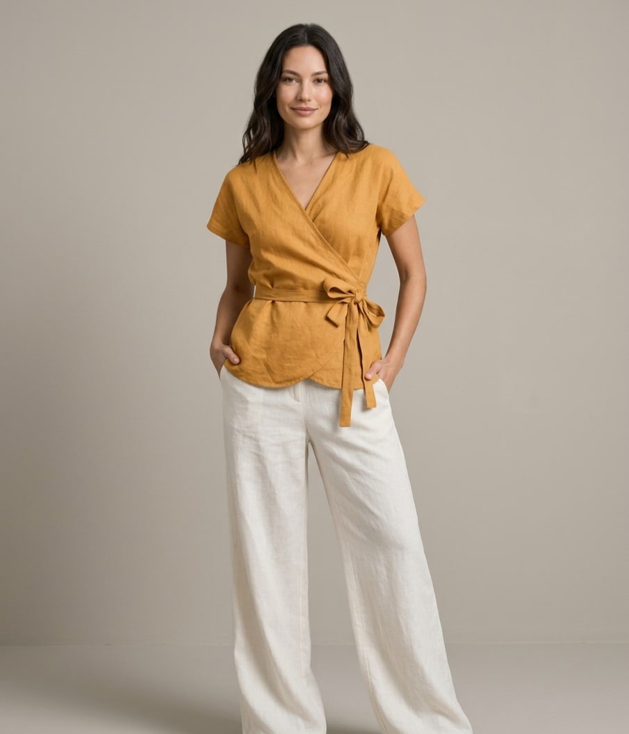 Tie-Waist Linen Wrap Blouse