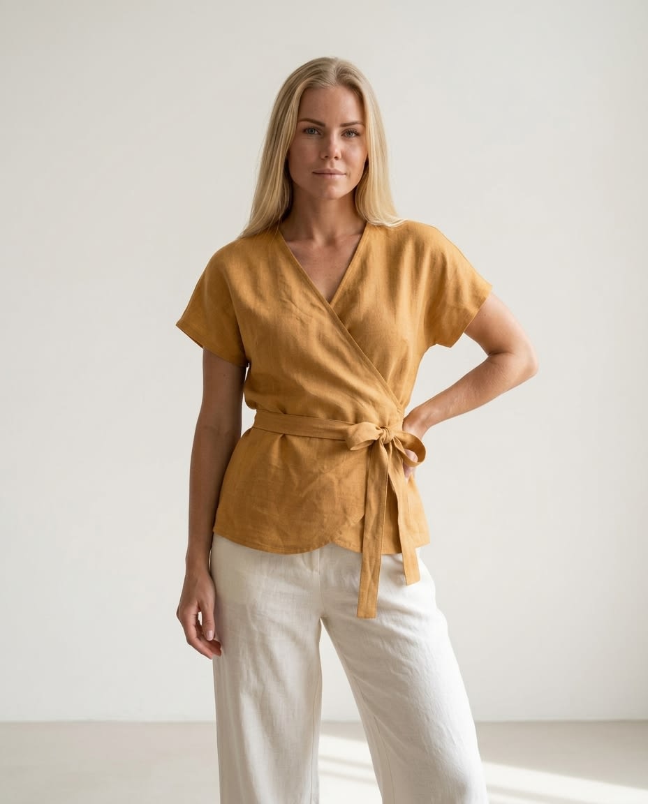 Tie-Waist Linen Wrap Blouse
