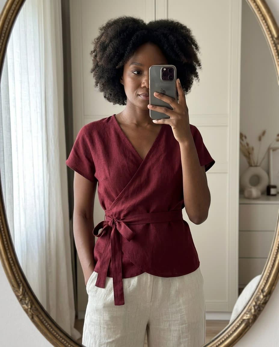 Tie-Waist Linen Wrap Blouse
