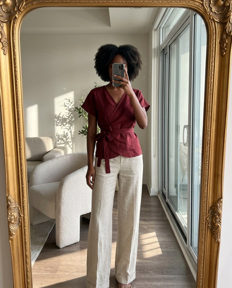 Tie-Waist Linen Wrap Blouse