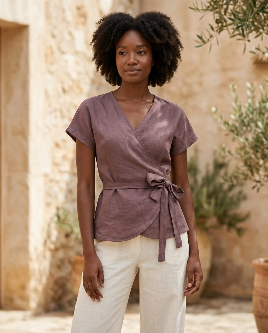 Tie-Waist Linen Wrap Blouse
