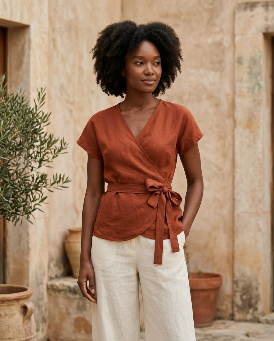Tie-Waist Linen Wrap Blouse