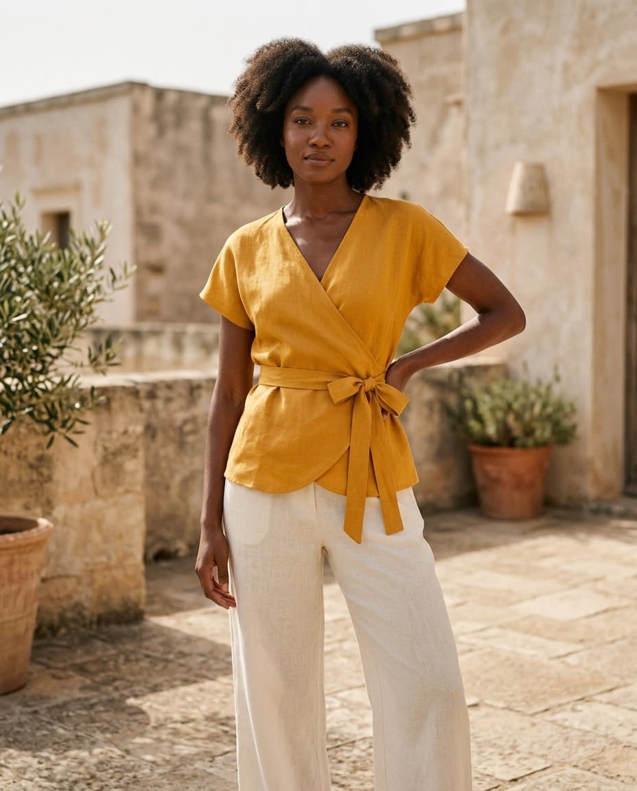 Tie-Waist Linen Wrap Blouse