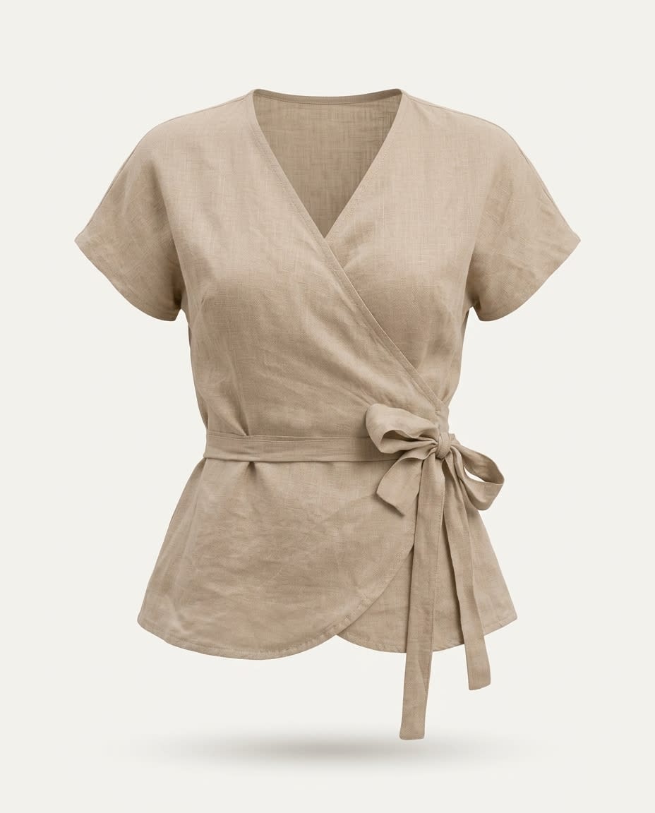 Tie-Waist Linen Wrap Blouse