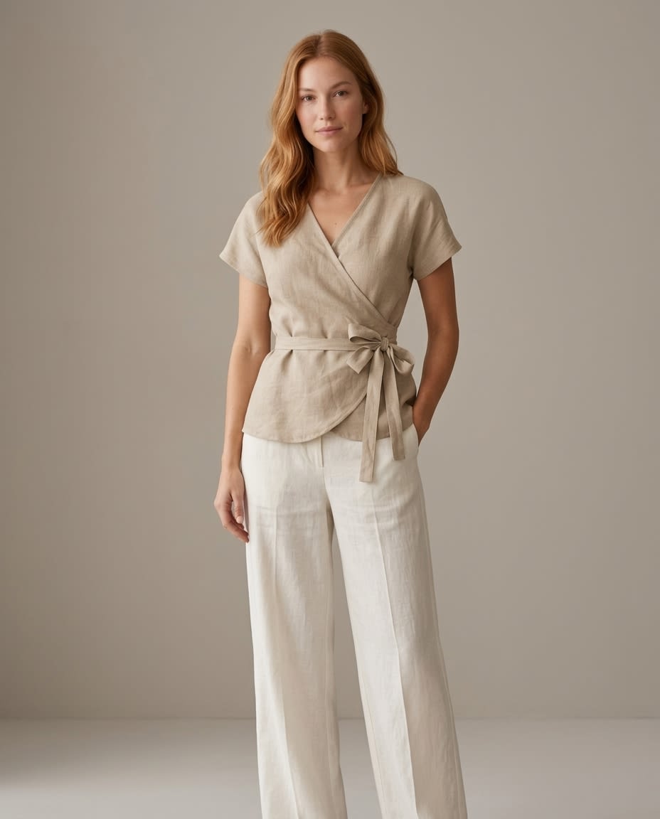 Tie-Waist Linen Wrap Blouse