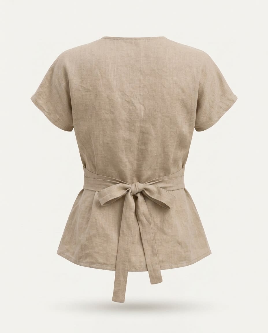 Tie-Waist Linen Wrap Blouse