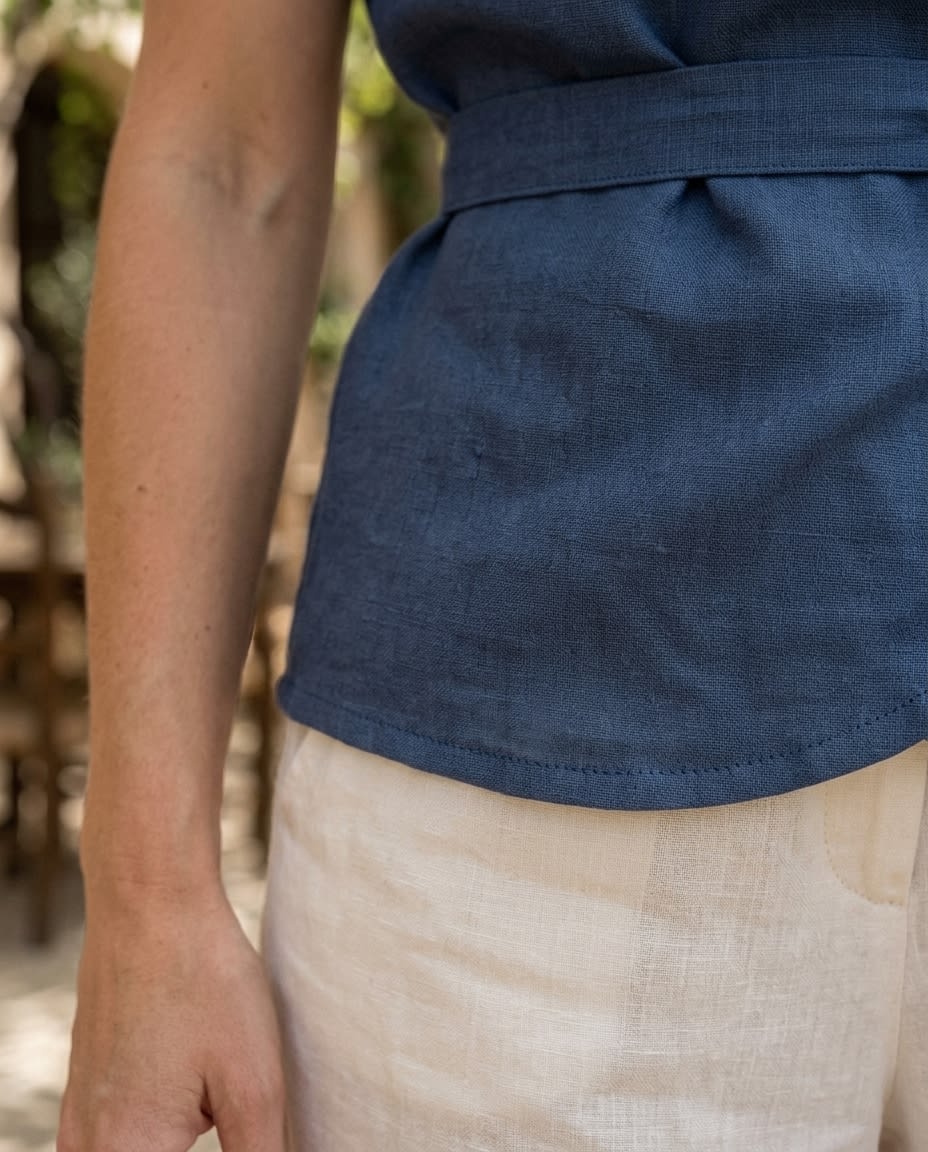 Tie-Waist Linen Wrap Blouse