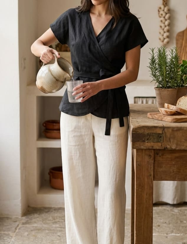 Tie-Waist Linen Wrap Blouse