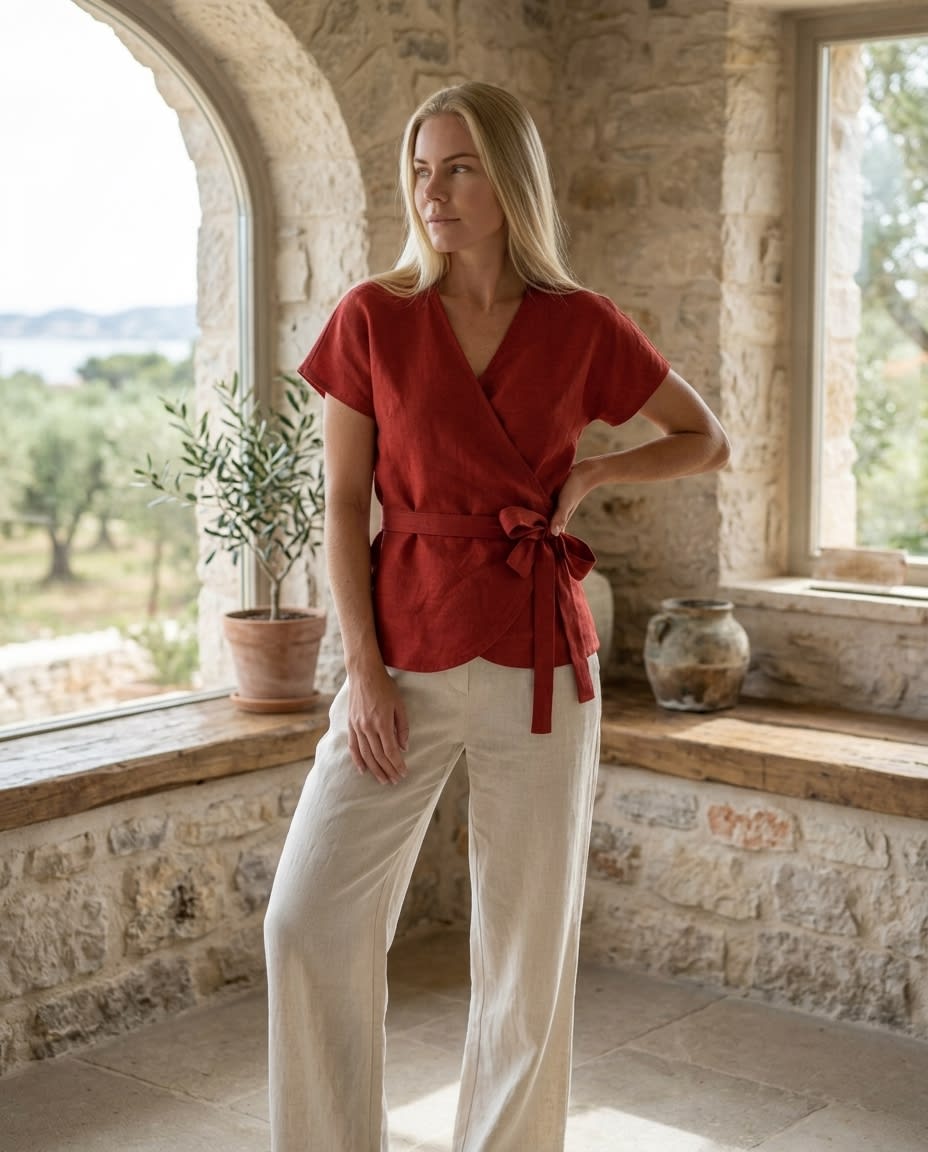 Tie-Waist Linen Wrap Blouse