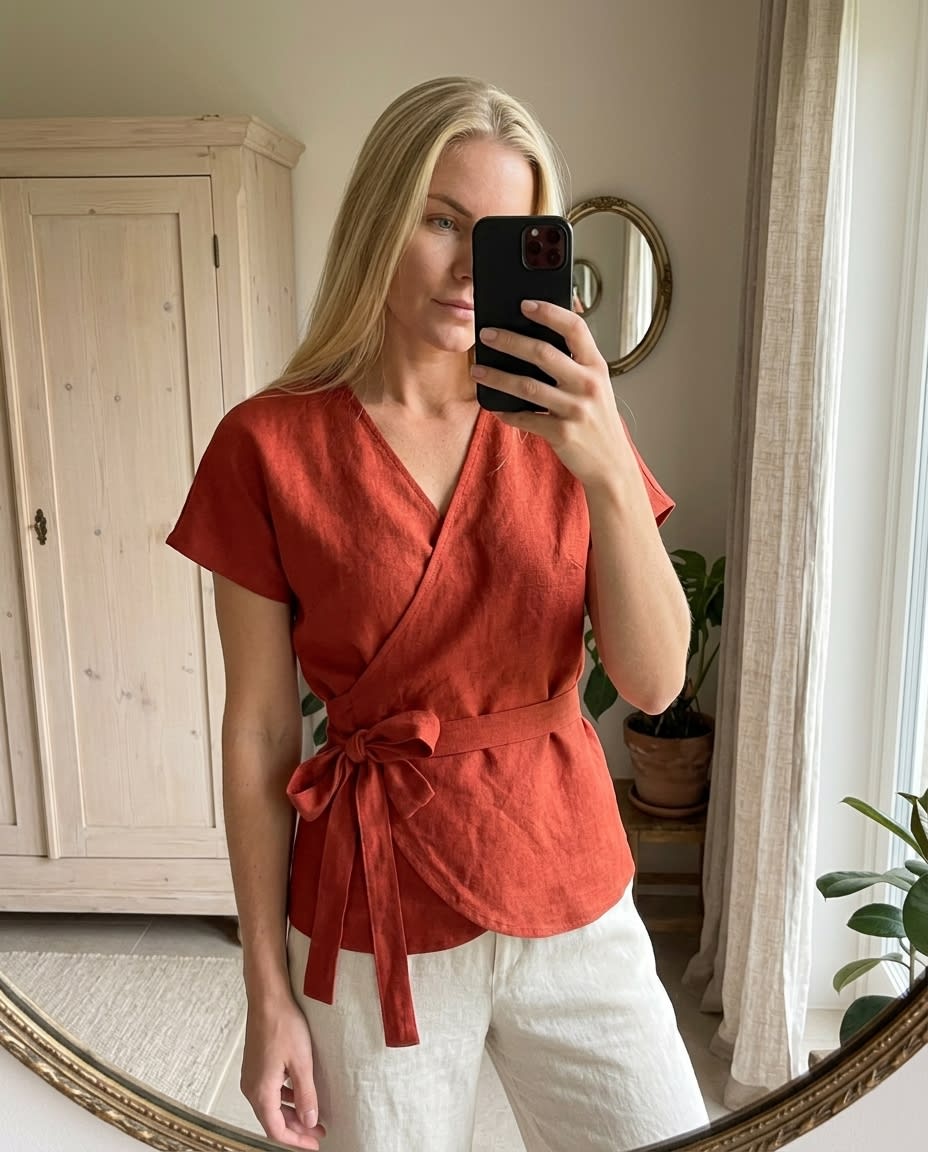 Tie-Waist Linen Wrap Blouse