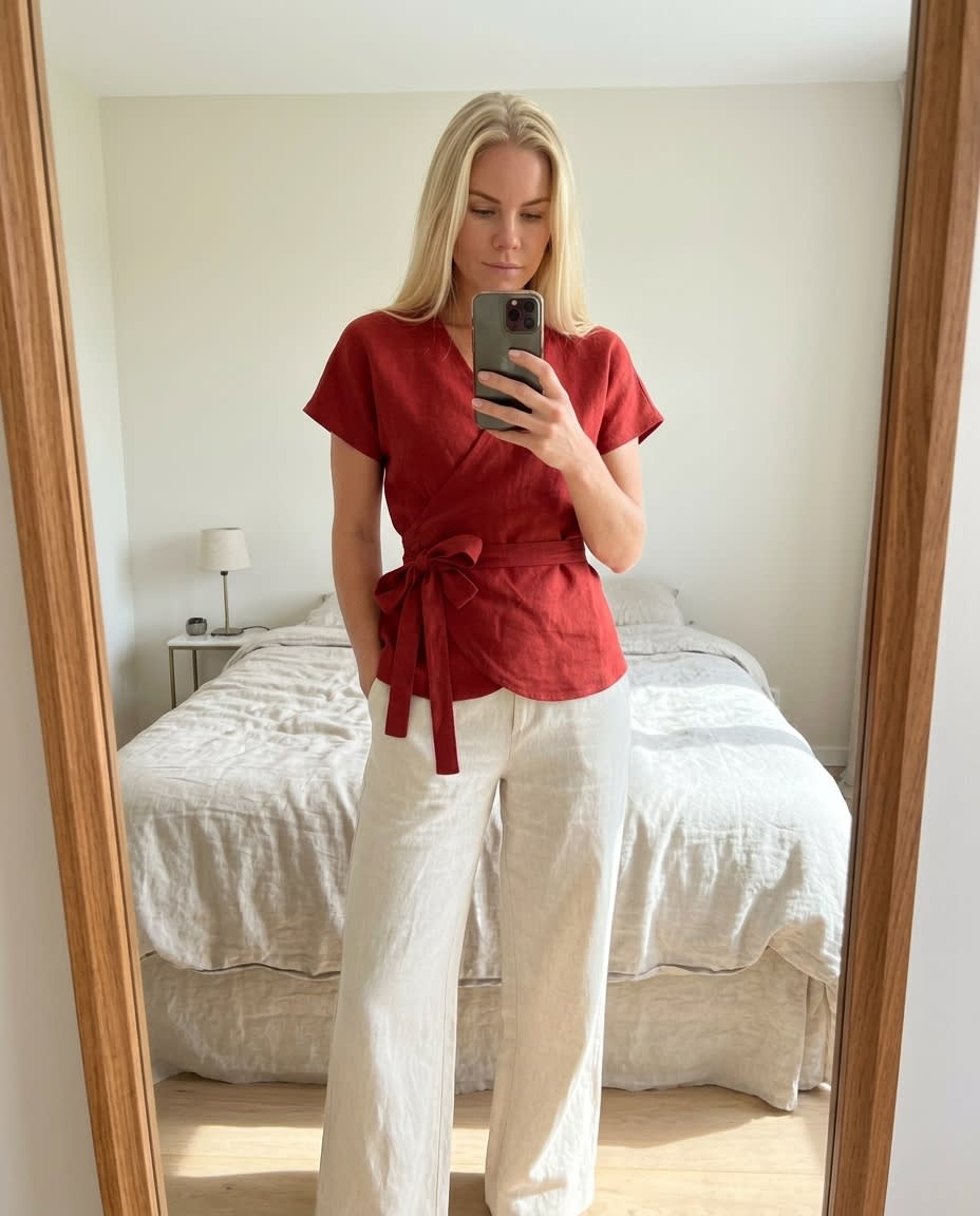 Tie-Waist Linen Wrap Blouse