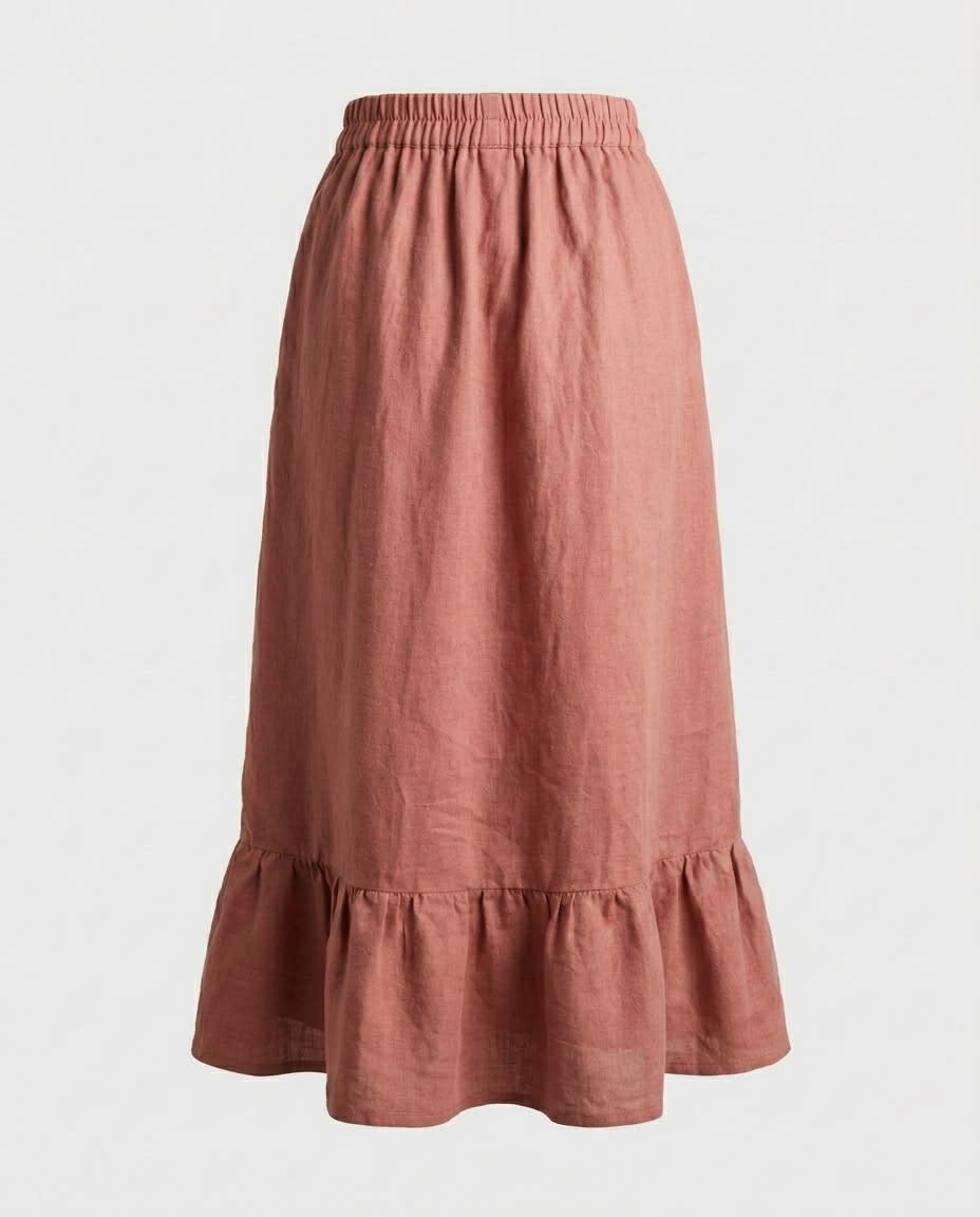 Tiered Ruffle Hem Linen Midi Skirt