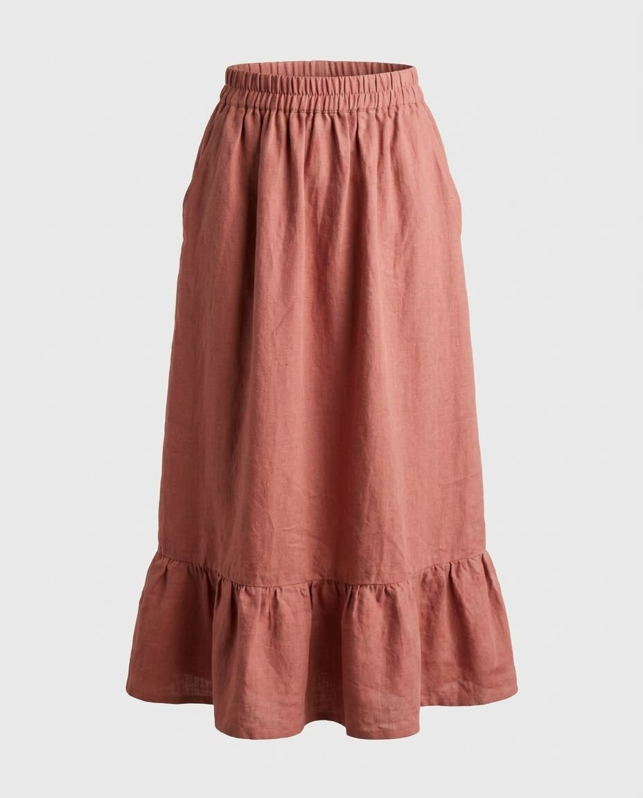 Tiered Ruffle Hem Linen Midi Skirt