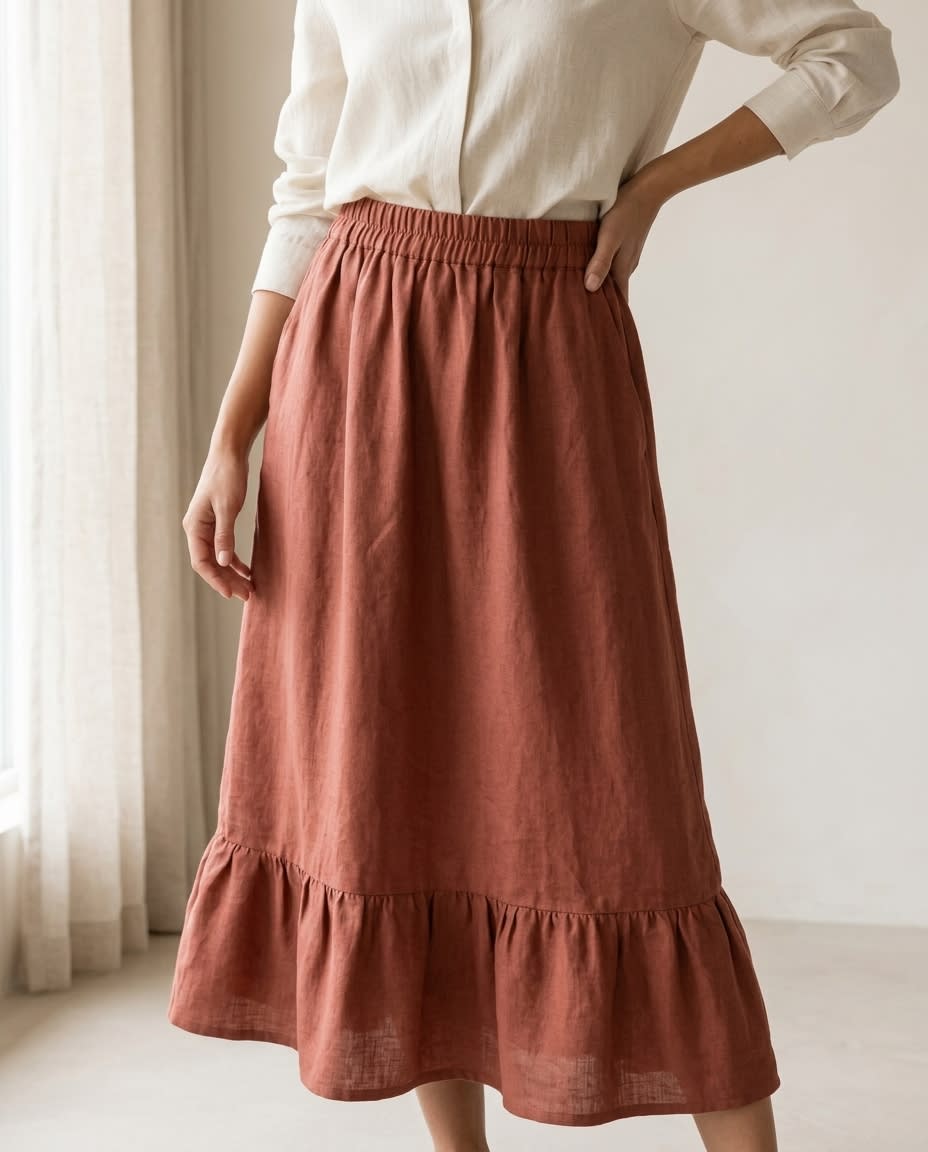 Tiered Ruffle Hem Linen Midi Skirt