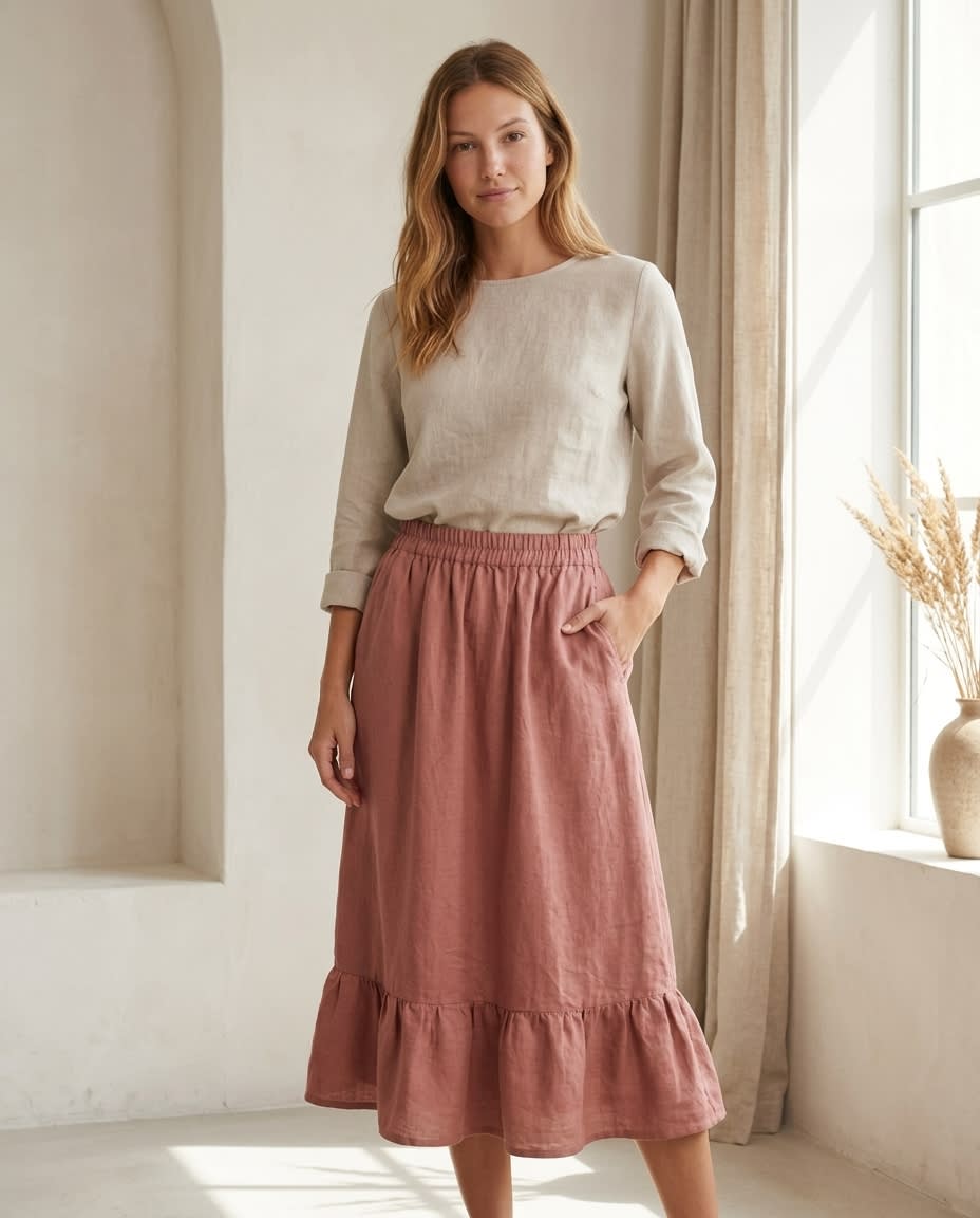 Tiered Ruffle Hem Linen Midi Skirt