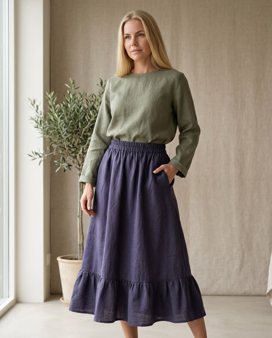 Tiered Ruffle Hem Linen Midi Skirt