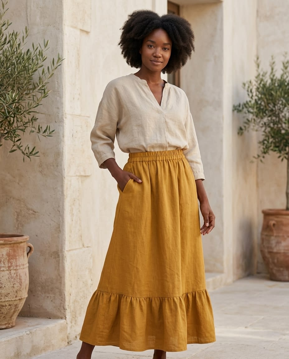 Tiered Ruffle Hem Linen Midi Skirt