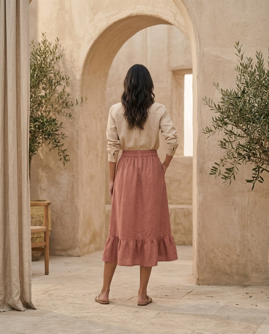 Tiered Ruffle Hem Linen Midi Skirt