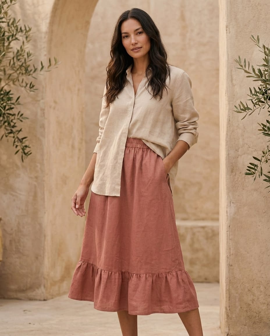 Tiered Ruffle Hem Linen Midi Skirt