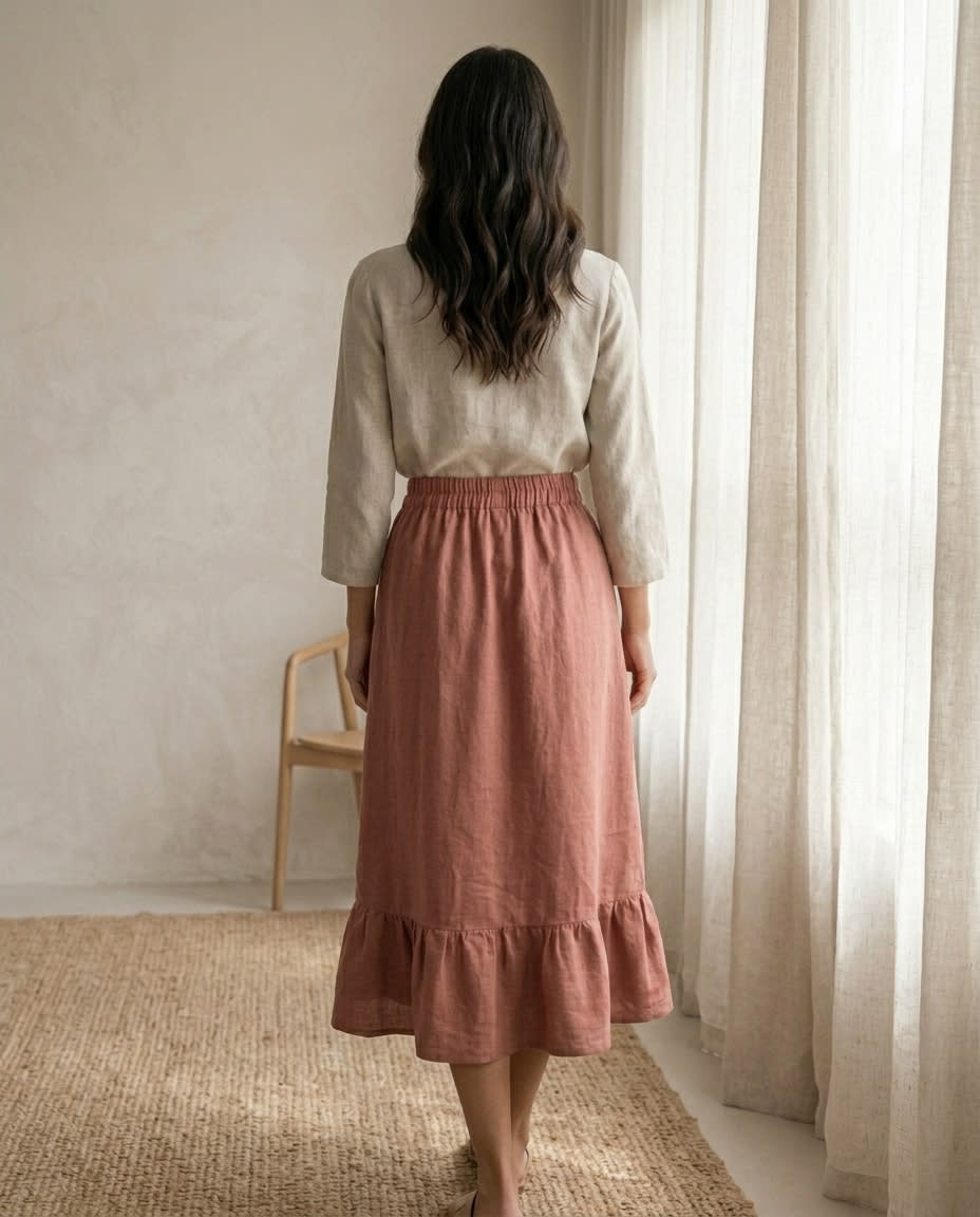 Tiered Ruffle Hem Linen Midi Skirt