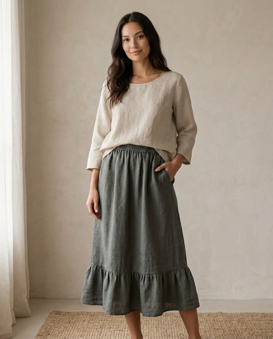 Tiered Ruffle Hem Linen Midi Skirt