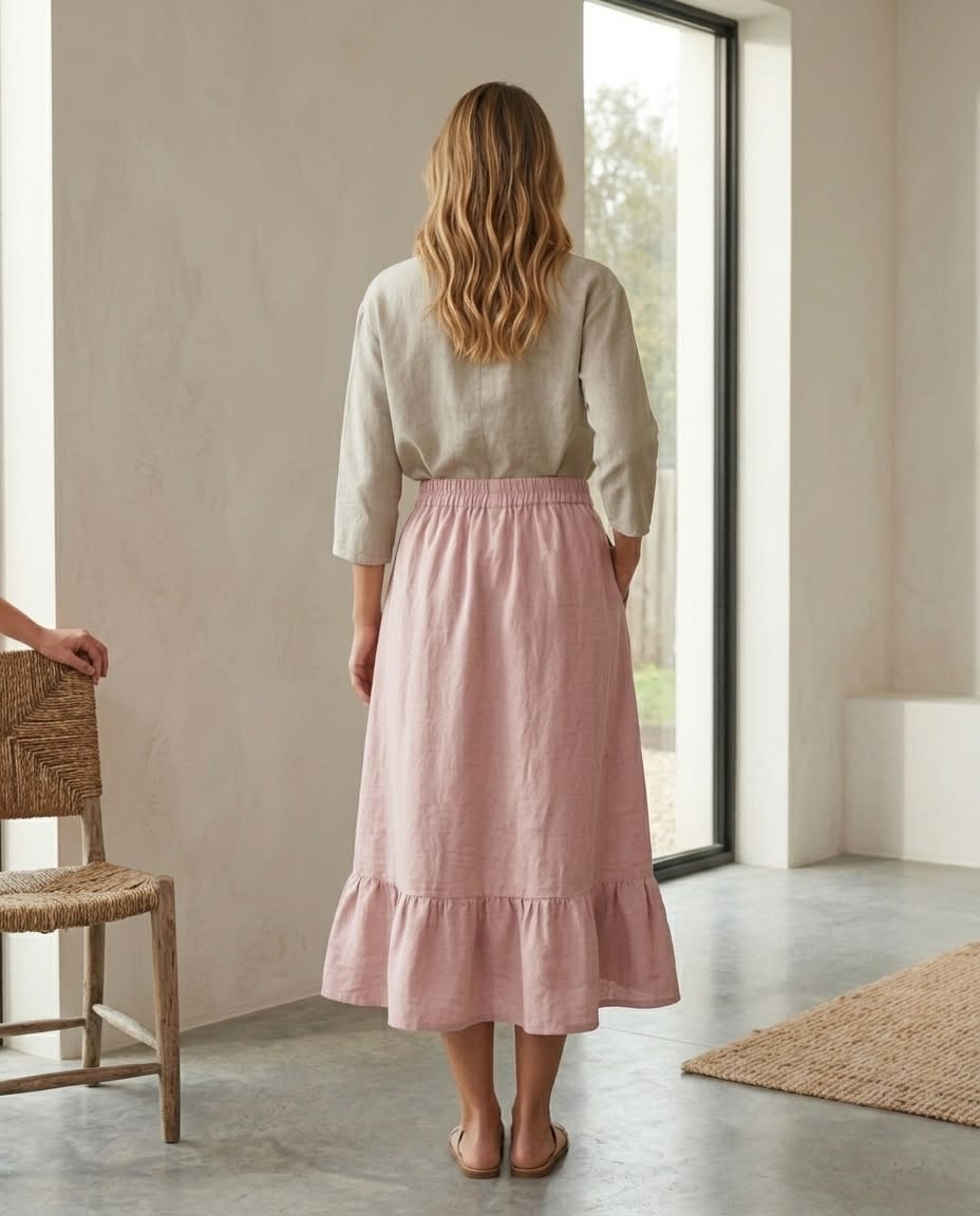 Tiered Ruffle Hem Linen Midi Skirt