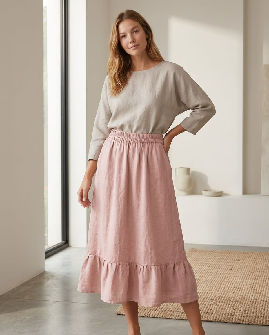 Tiered Ruffle Hem Linen Midi Skirt