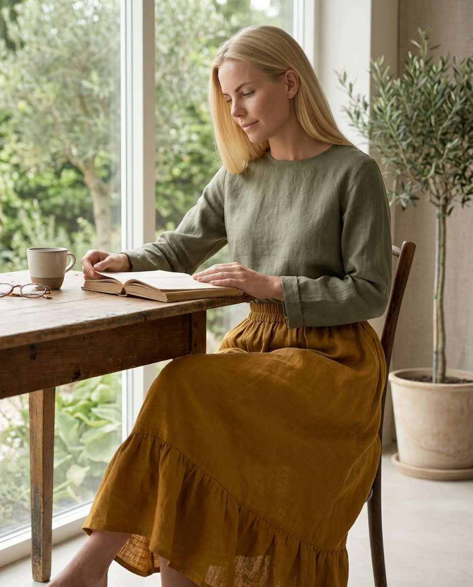 Tiered Ruffle Hem Linen Midi Skirt
