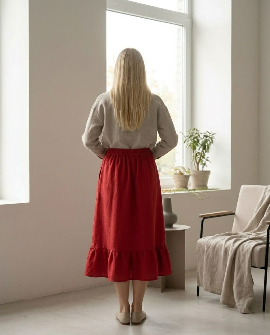 Tiered Ruffle Hem Linen Midi Skirt