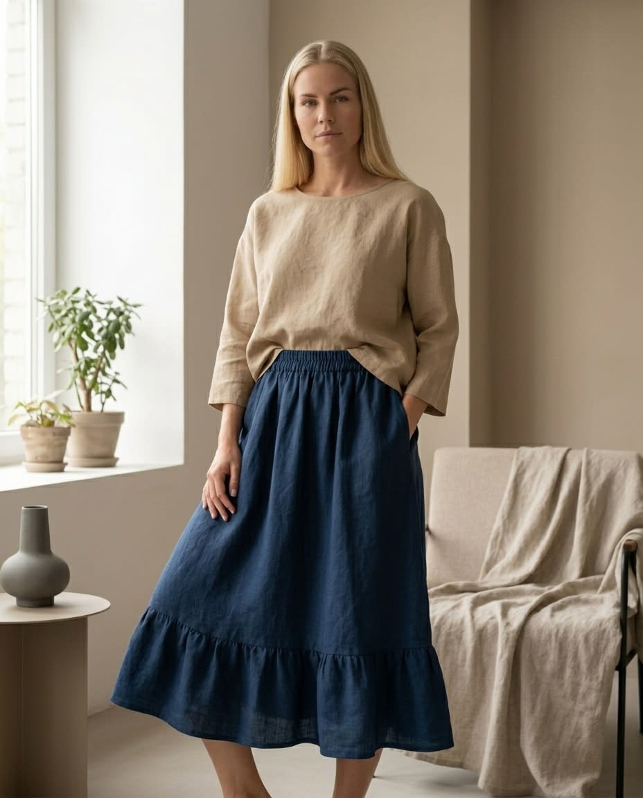 Tiered Ruffle Hem Linen Midi Skirt