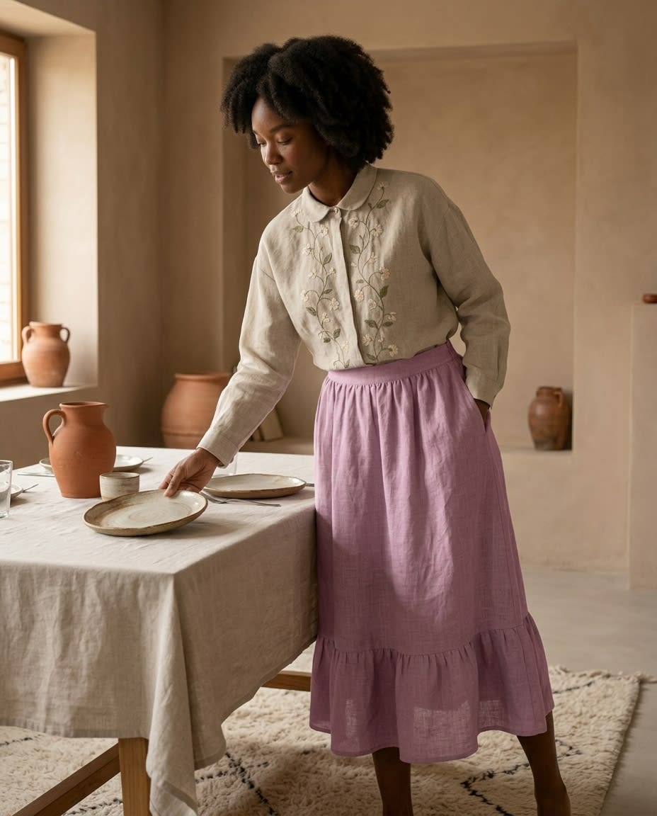 Tiered Ruffle Hem Linen Midi Skirt