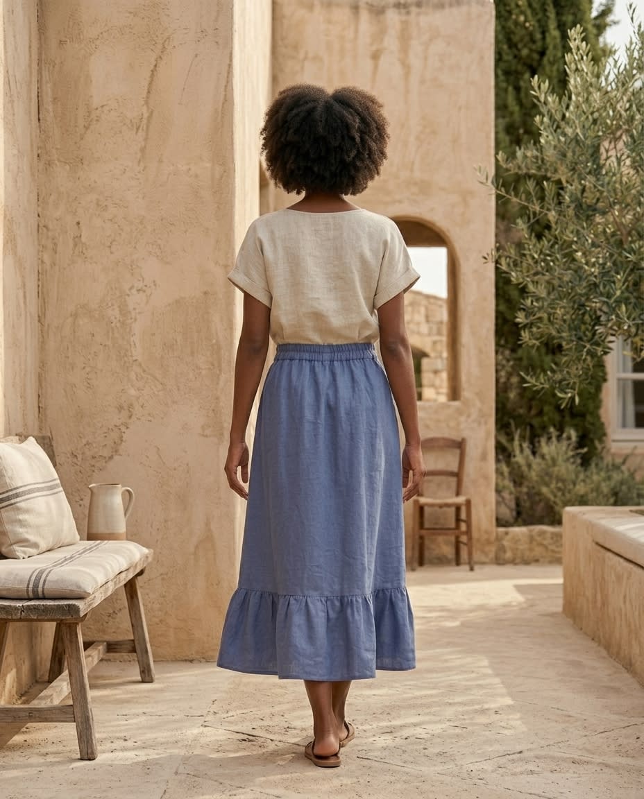 Tiered Ruffle Hem Linen Midi Skirt