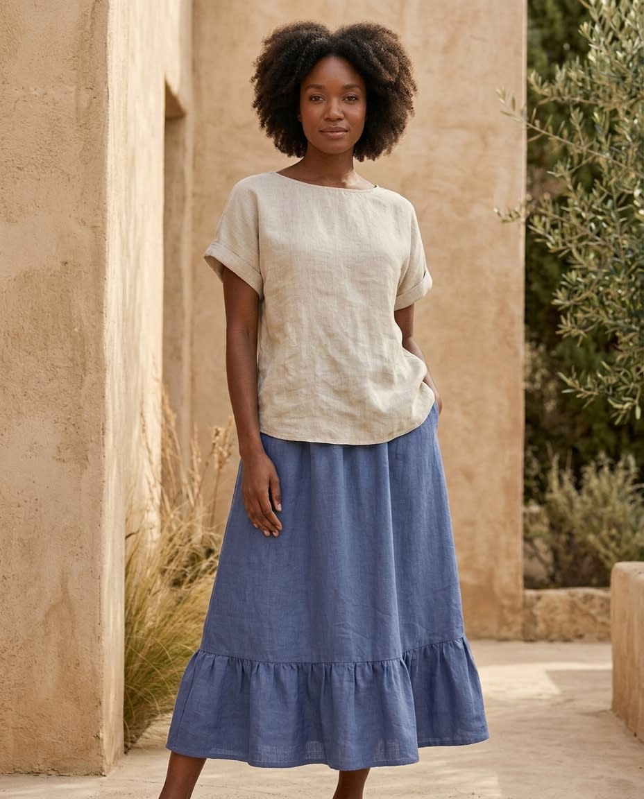 Tiered Ruffle Hem Linen Midi Skirt