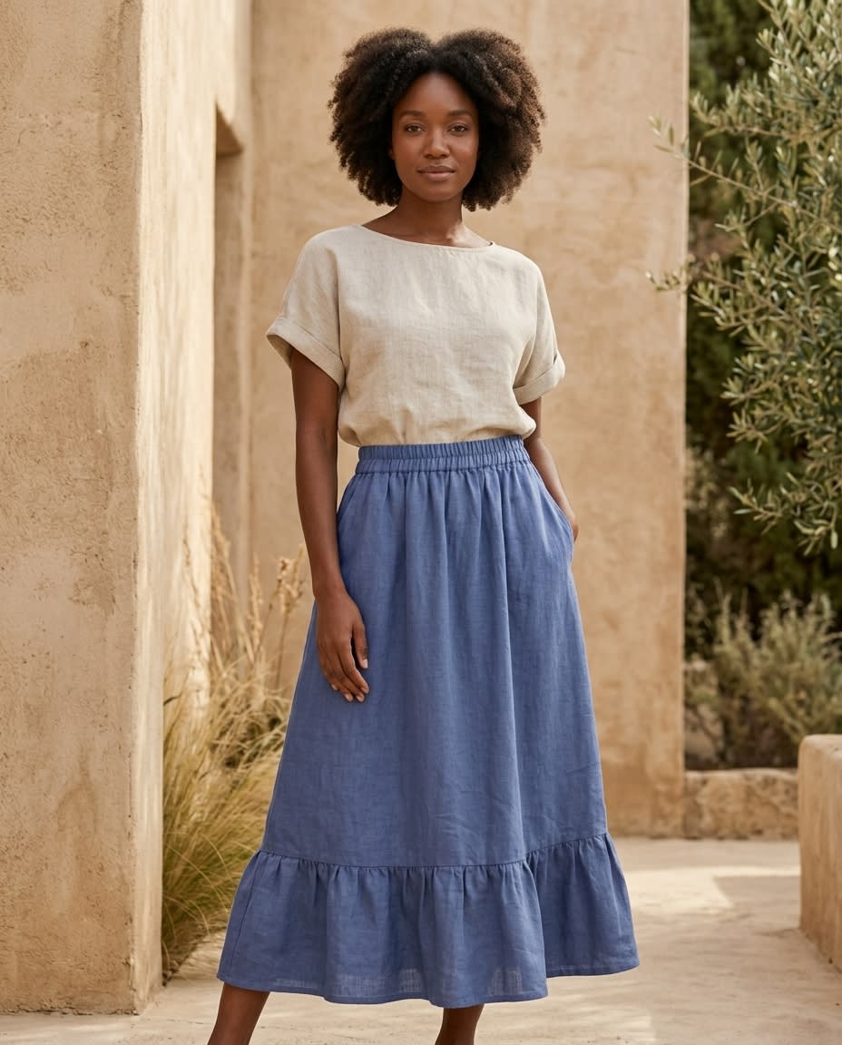 Tiered Ruffle Hem Linen Midi Skirt