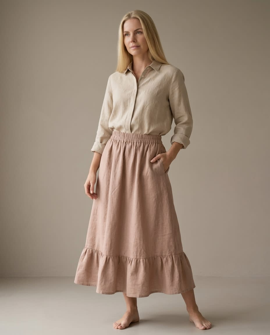 Tiered Ruffle Hem Linen Midi Skirt