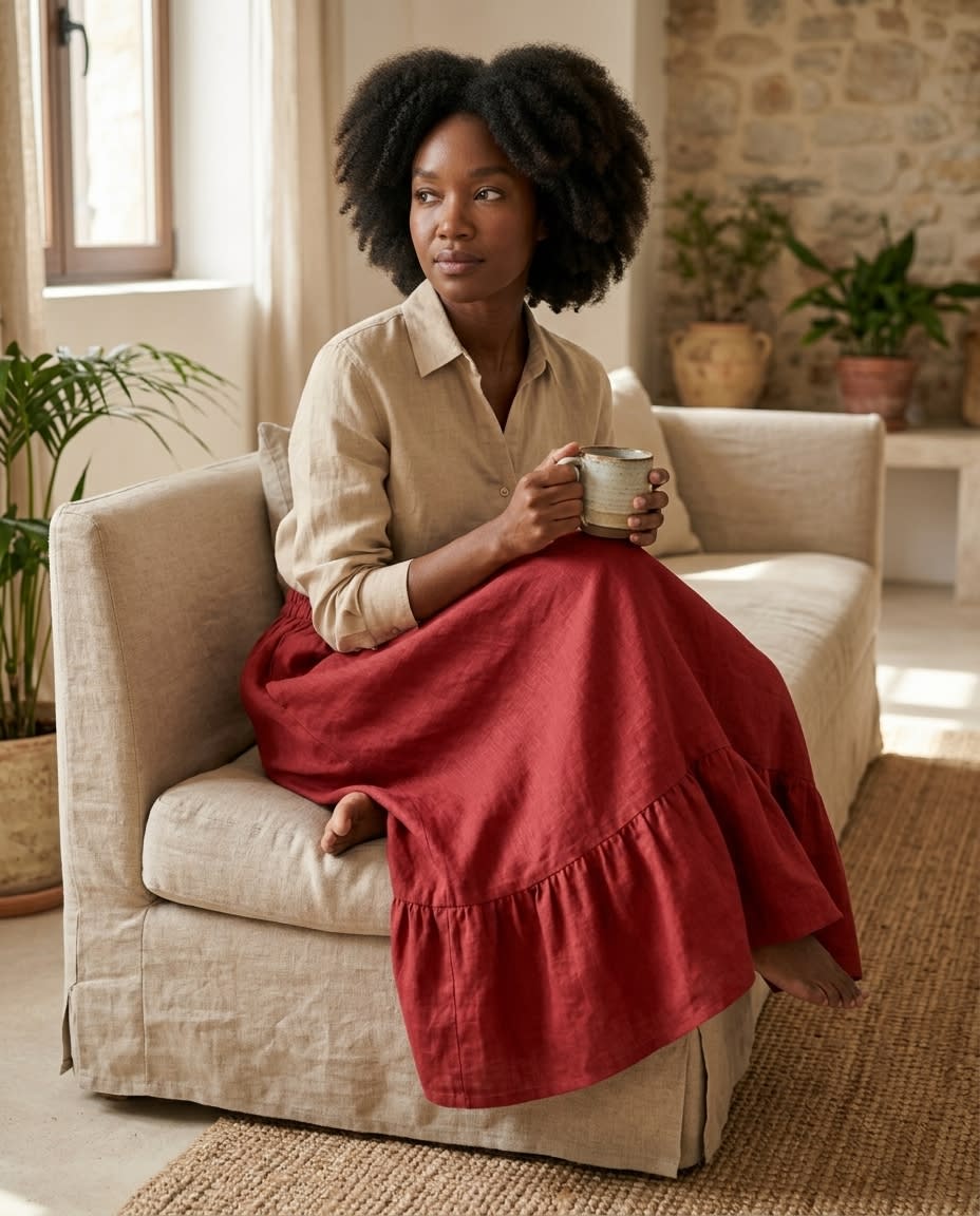 Tiered Ruffle Hem Linen Midi Skirt