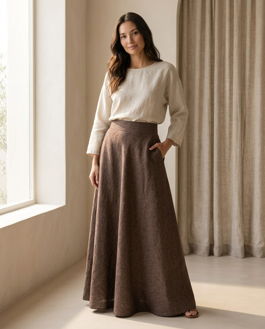Maxi Linen Skirt with Elastic Waistband